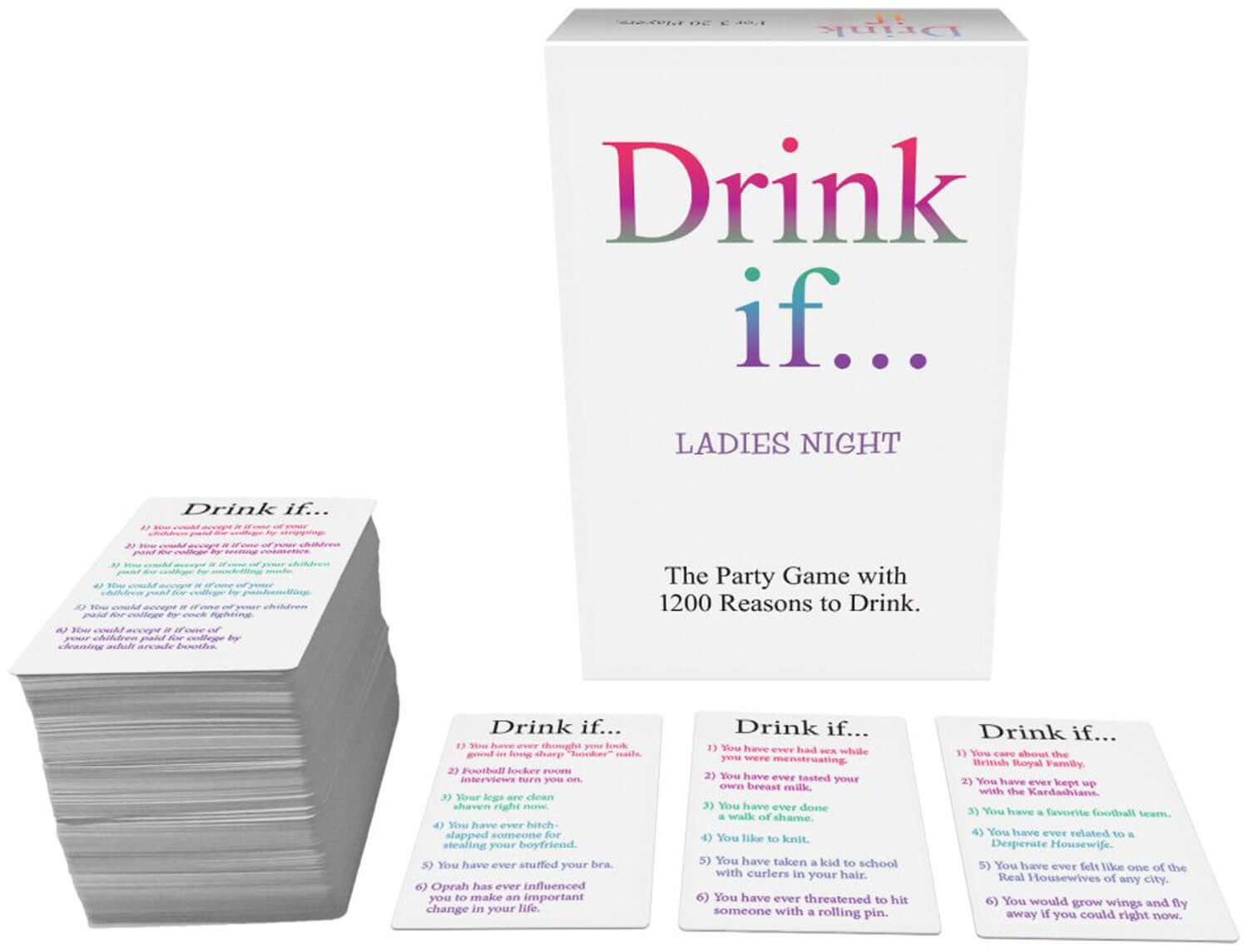 Drink If... Ladies Night Version party game box and cards with 1200 reasons to drink for last night out parties and ladies night events.