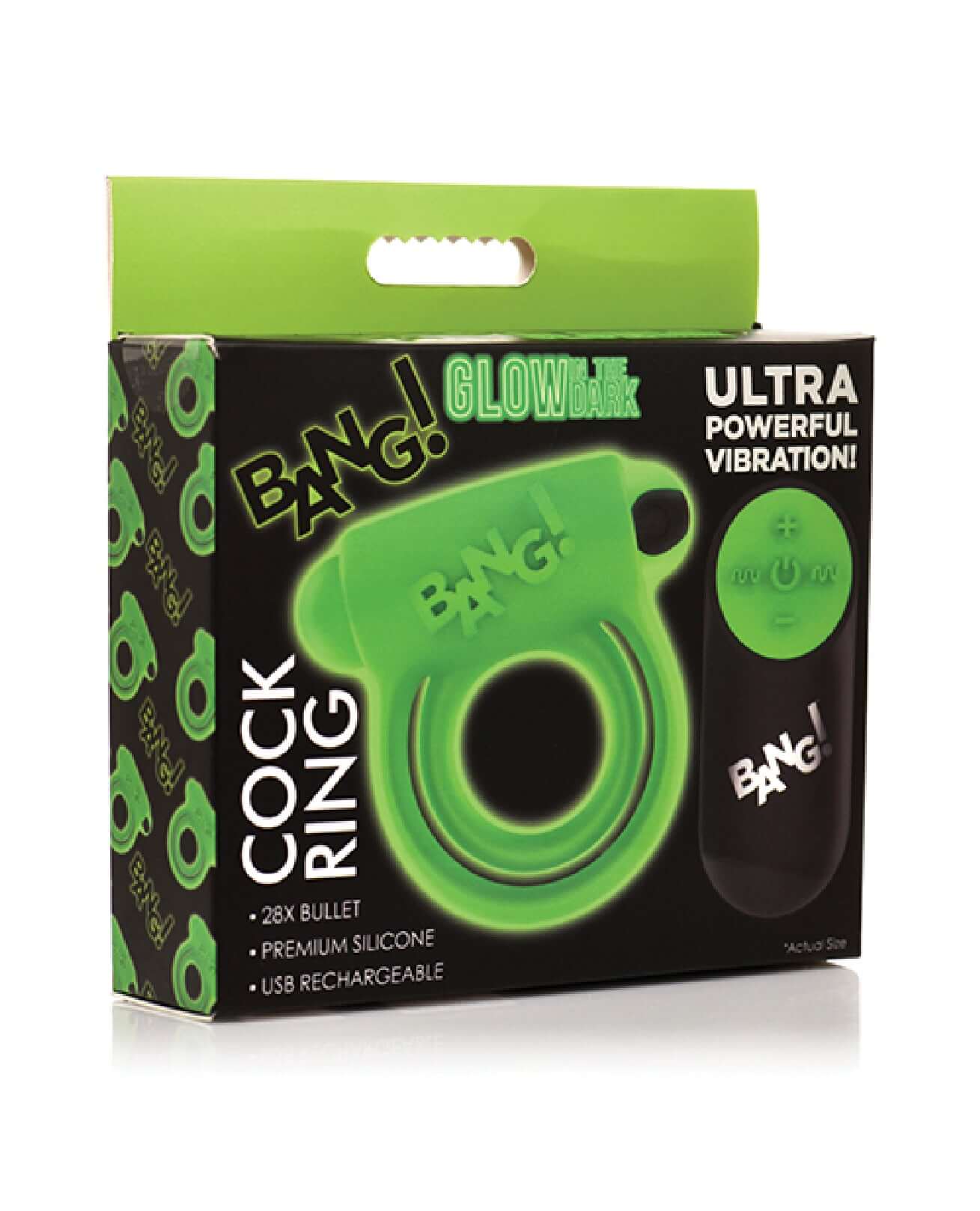Glow in the dark green cock ring with remote control, ultra powerful 28 vibration patterns, USB rechargeable, and waterproof