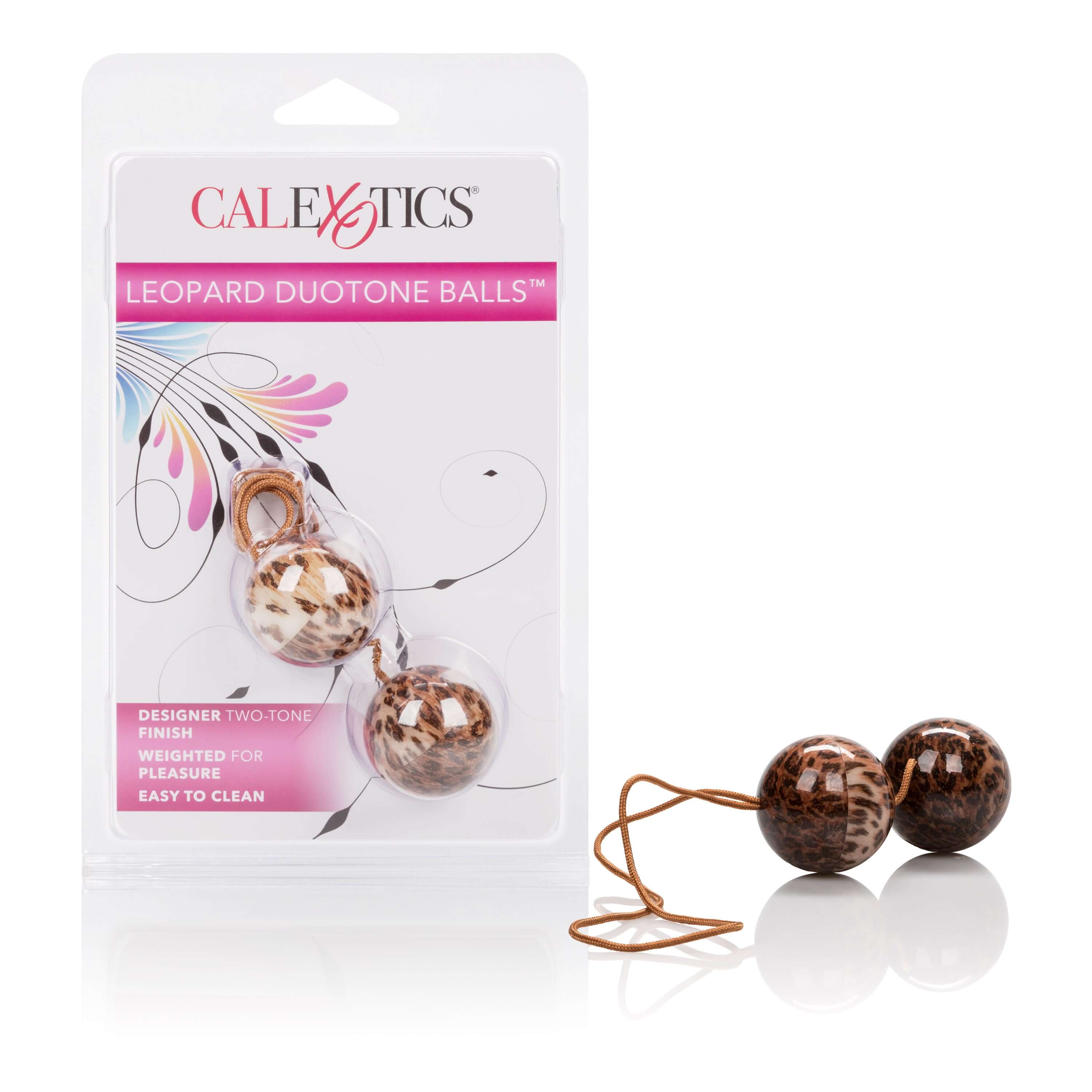 The Leopard Duo Tone Balls packaging featuring stylish Ben Wa balls for pelvic floor strength and internal stimulation.
