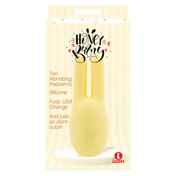 Buzzy Buddies Honey Bunny clitoral stimulator in yellow packaging, featuring 10 vibrational patterns and USB recharge capability.