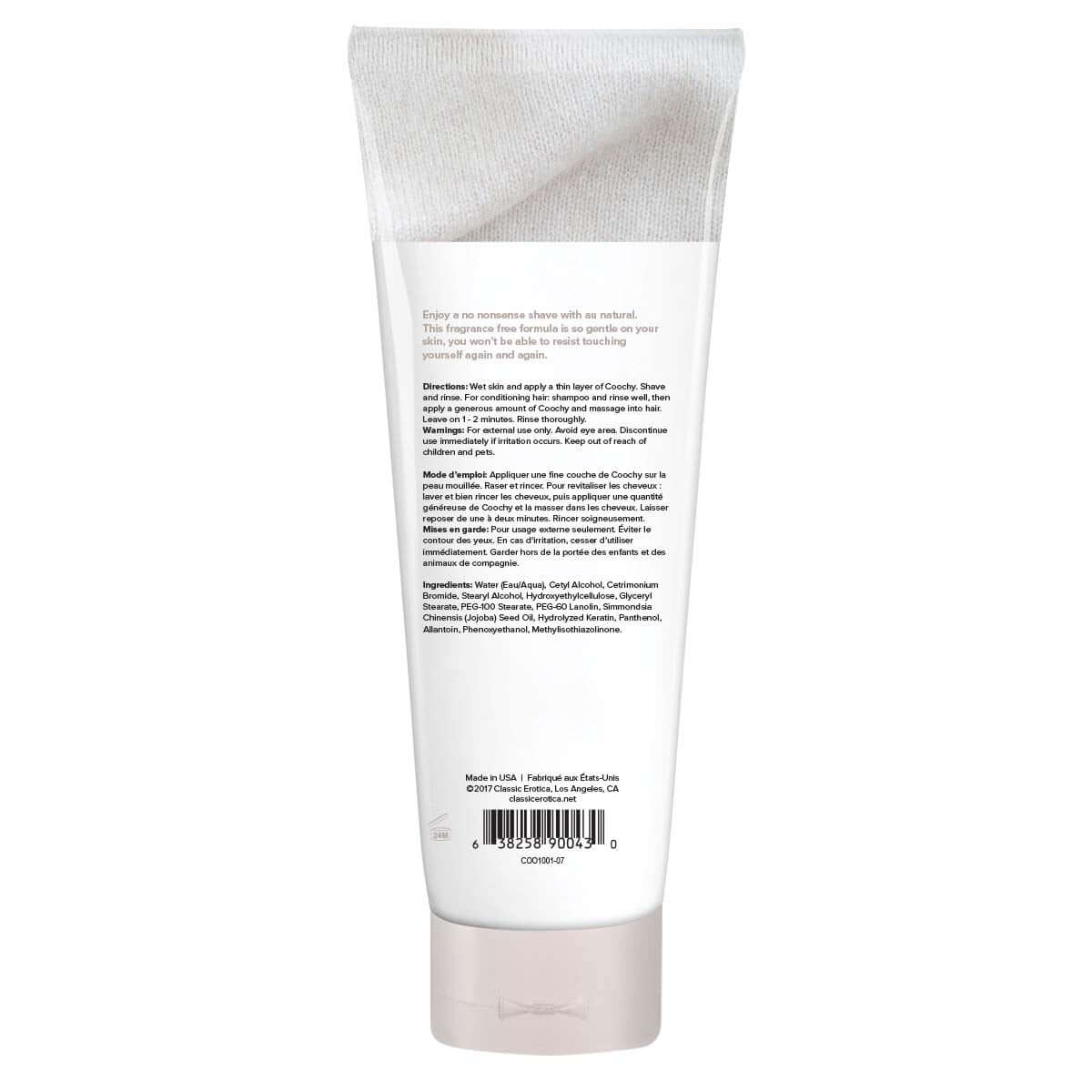 Coochy Shave Cream Au Natural 7.2 Oz back view showing product information and ingredients.