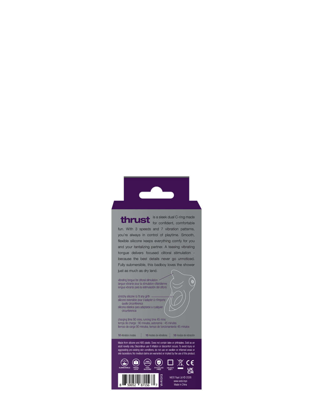 Vedo Thrust Rechargeable Dual C Ring Purple packaging back view with features and specifications