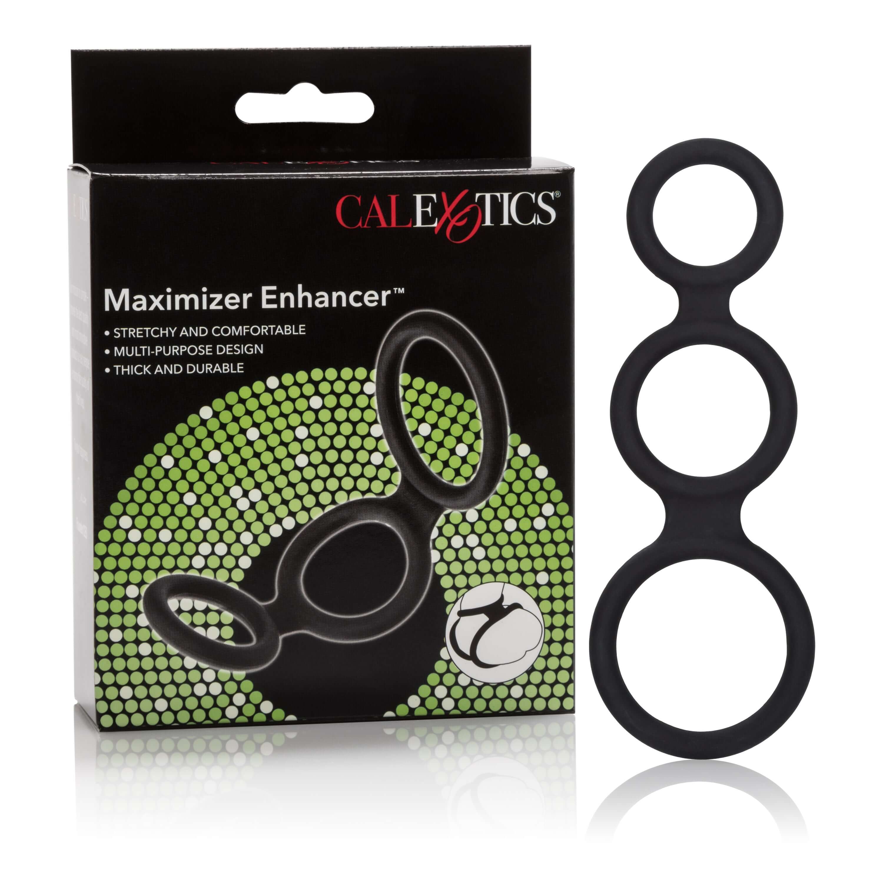Maximizer Enhancer Silicone Cock Ring Black packaging with triple-ring design showing comfort and durability.