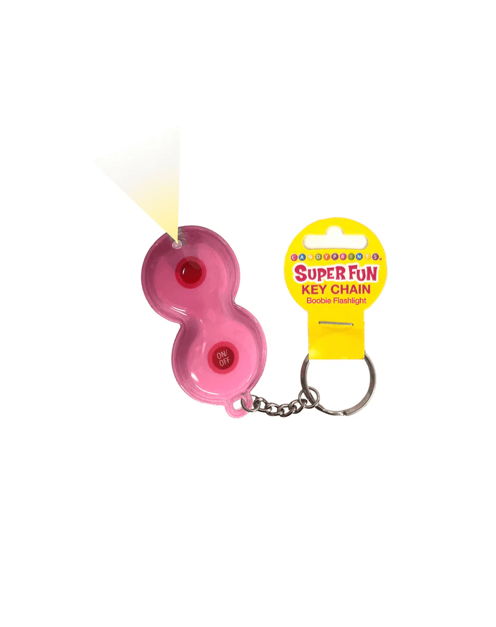 Super Fun Boobie Flashlight Keychain Bag of 6 showing pink boobie-shaped flashlight keychain with light beam.