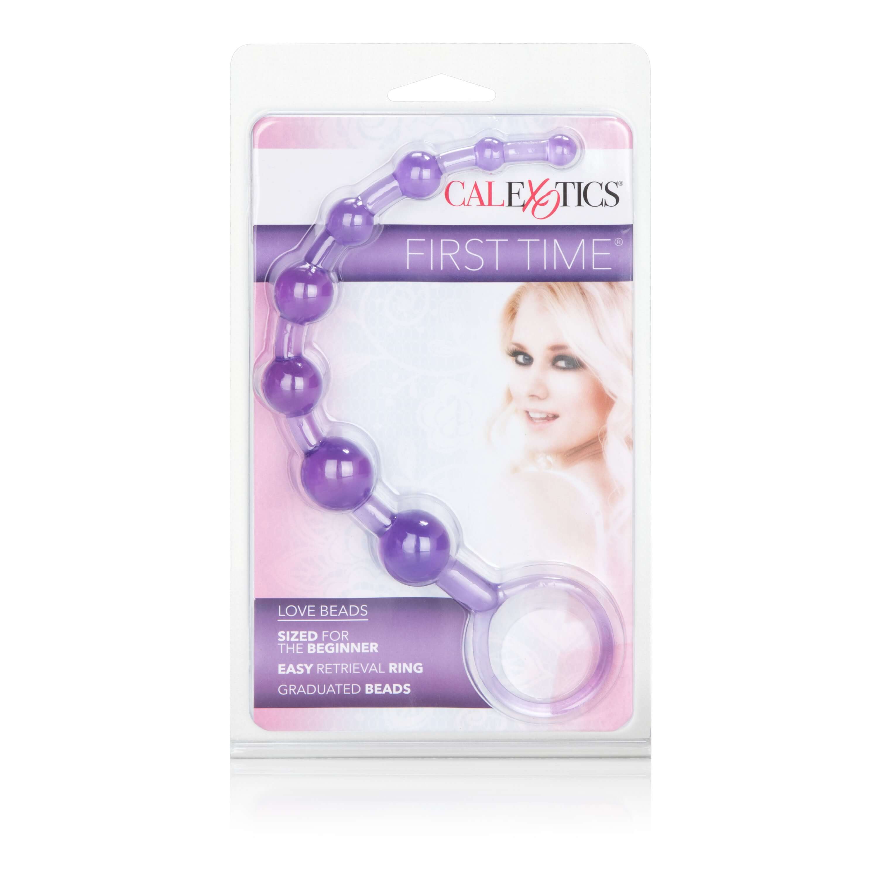 First Time Love Anal Beads Purple packaging featuring graduated beads and easy retrieval ring for beginners.