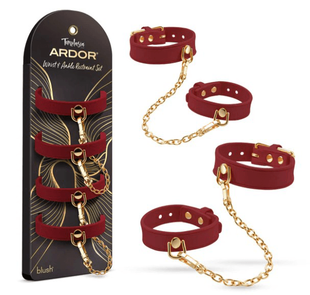 Temptasia Ardor Wrist and Ankle Restraints Red set featuring elegant red silicone straps with gold chains.