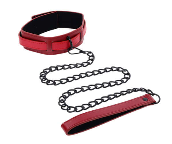Ex's and Oh's red faux leather collar and matte black chain leash set, stylish and adjustable for comfort.