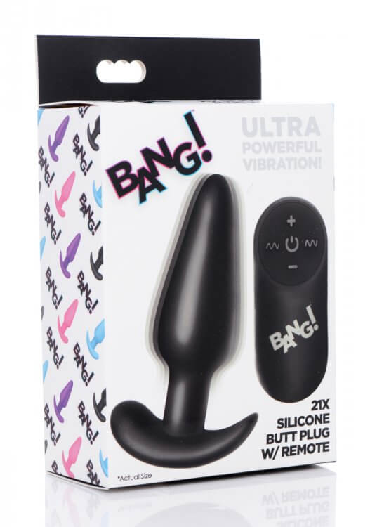Bang 21x Silicone Butt Plug With Remote Black packaging featuring powerful vibration design.