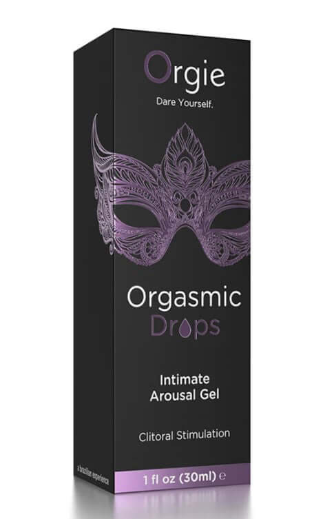 Orgie Orgasmic Drops Clitoral Arousal Serum 1 Oz packaging showcasing intimate arousal gel for clitoral stimulation.