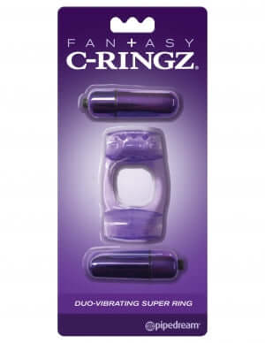 Fantasy C-Ringz Duo Vibrating Super Ring Purple packaging featuring a vibrating ring and bullets for enhanced pleasure.