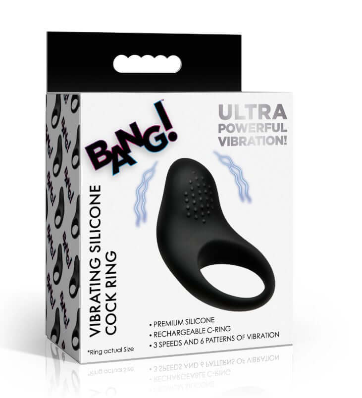 Bang Vibrating Silicone Cock Ring Black packaging featuring premium silicone, rechargeable features, and ultra powerful vibration.