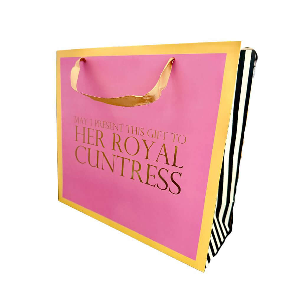 Her Royal Cuntress Jumbo Gift Bag in bold pink and gold design with striped sides, perfect for unique gifting.