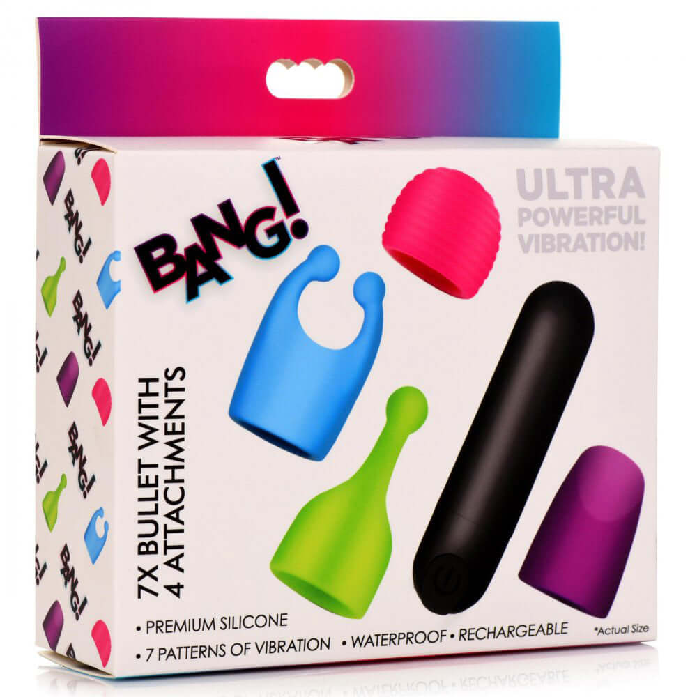Bang Rechargeable Bullet With 4 Attachments packaging showcasing 4 colorful attachments and rechargeable bullet.