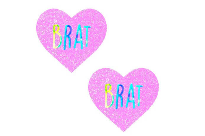 Brat Holographic Uv Light Pink I Heart U Glitter Nipple Cover Pasties in a playful heart shape design.