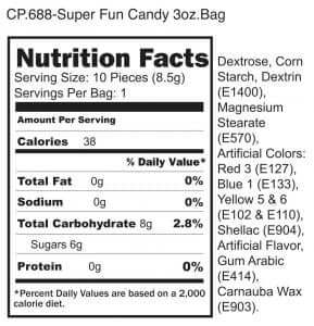 Nutrition facts label for Super Fun Penis Candy Bag displaying ingredients and nutritional information.