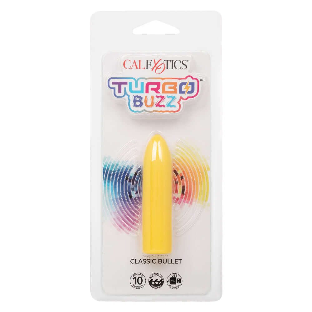 Turbo Buzz Classic Bullet Yellow Stimulator in Packaging with 10 Vibration Functions, Body-Safe, Waterproof IPX7 Rating