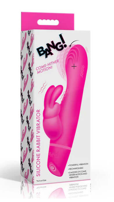 Bang Come Hither Silicone Rabbit Vibrator Pink packaging showcasing dual-stimulation features and vibrant design.