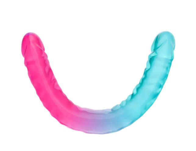B Yours Candy Papi XX Large Double Dong 17.75 inch in vibrant pink and blue gradient, flexible design for versatile play.