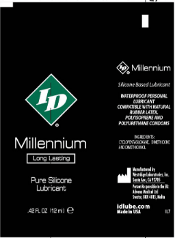 ID Millennium Silicone Lubricant 12 ml Tubes 72 Piece Bag packaging with details and ingredients.