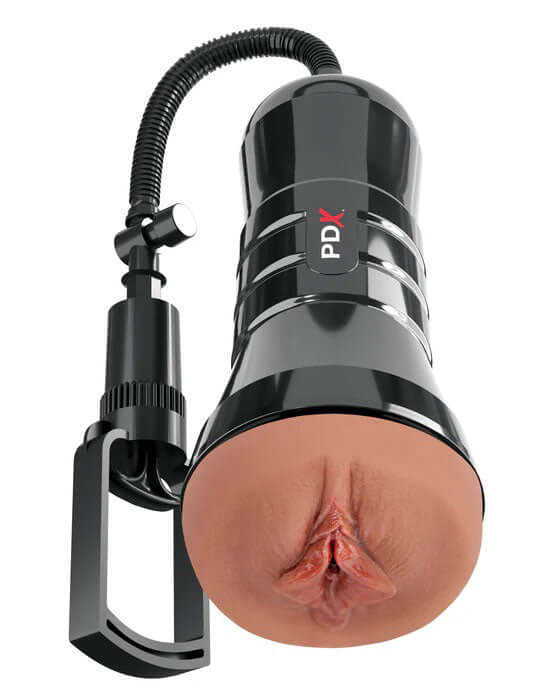Pdx Extreme Wet Pussies Super Sucker XXL Stroker Brown with suction handle and lifelike texture.