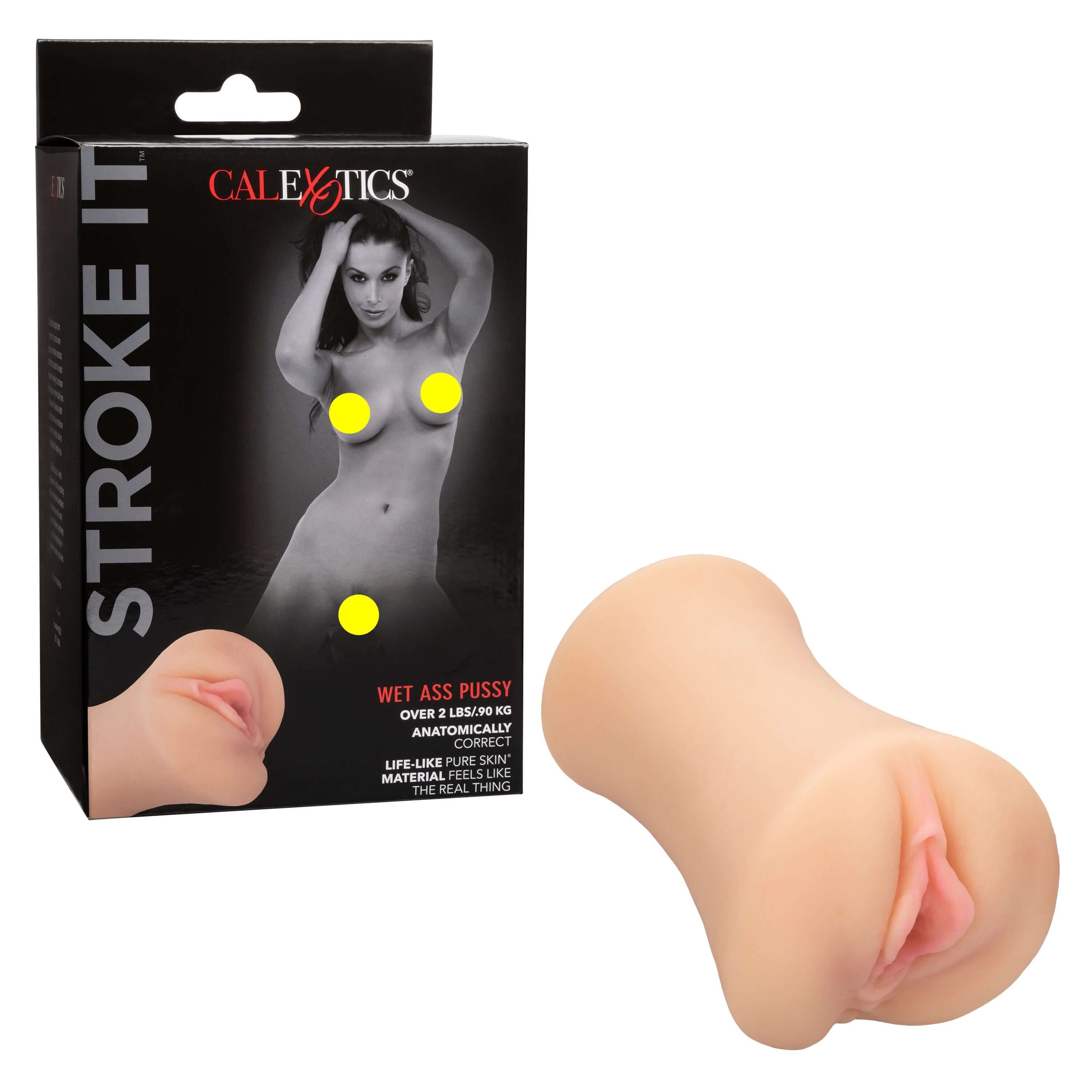 Stroke It Wet Ass Pussy Masturbator Ivory next to its packaging showcasing realistic design and intense pleasure.