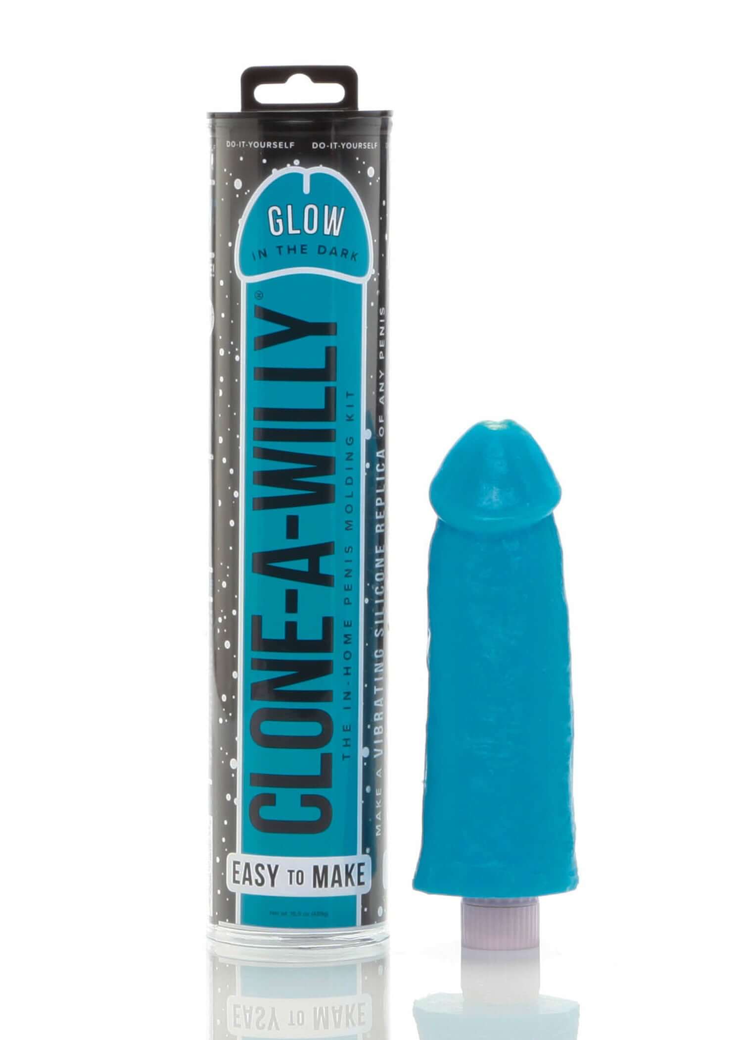 Clone a Willy Glow in the Dark Kit Blue featuring a blue silicone replica and packaging for a DIY molding experience.