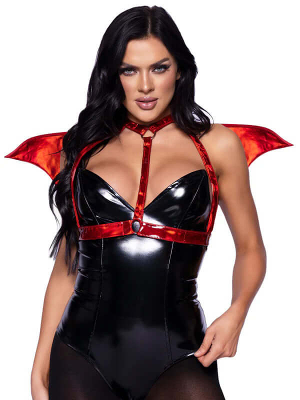 Leg Avenue Devil Wing Body Harness OS Red worn by model with shiny black outfit and red devil wings.