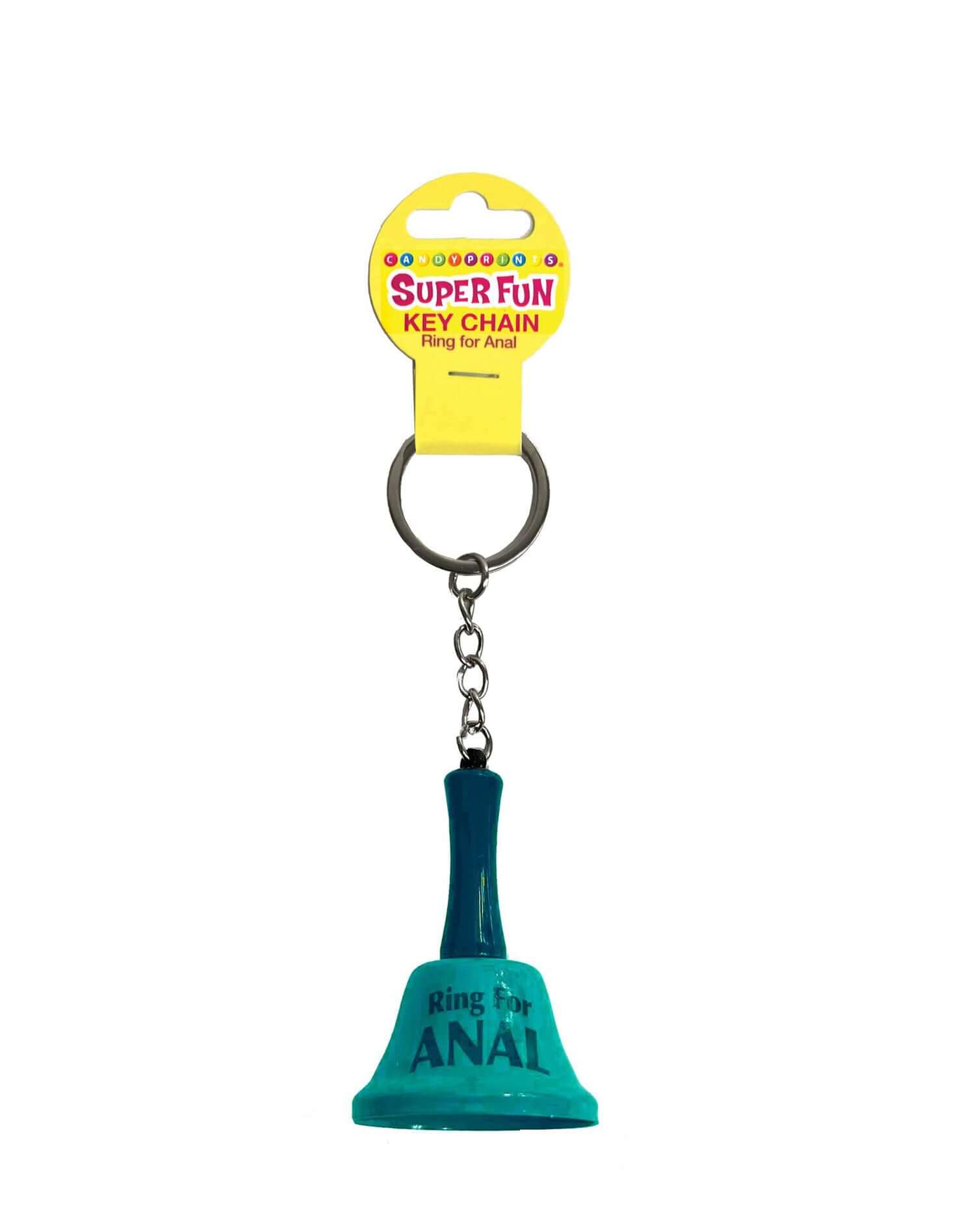 Blue keychain bell with "Ring for Anal" text by Little Genie, adding fun and spice to your keyring.