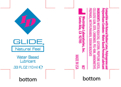 ID Glide Water-based Lubricant 10 ml Pillows 144 Count Jar packaging label with ingredients and usage information.