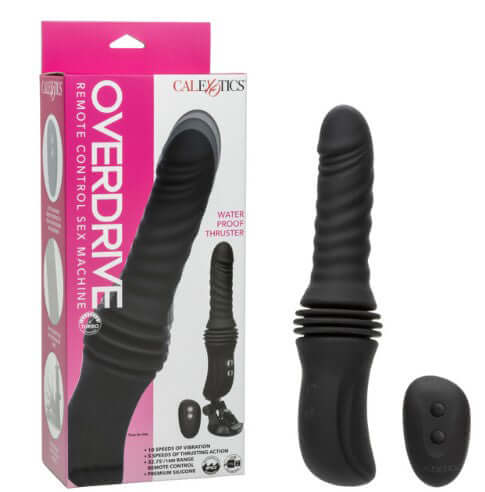 Overdrive Waterproof Thruster Sex Machine Black with remote control, waterproof design, and powerful thrusting action.