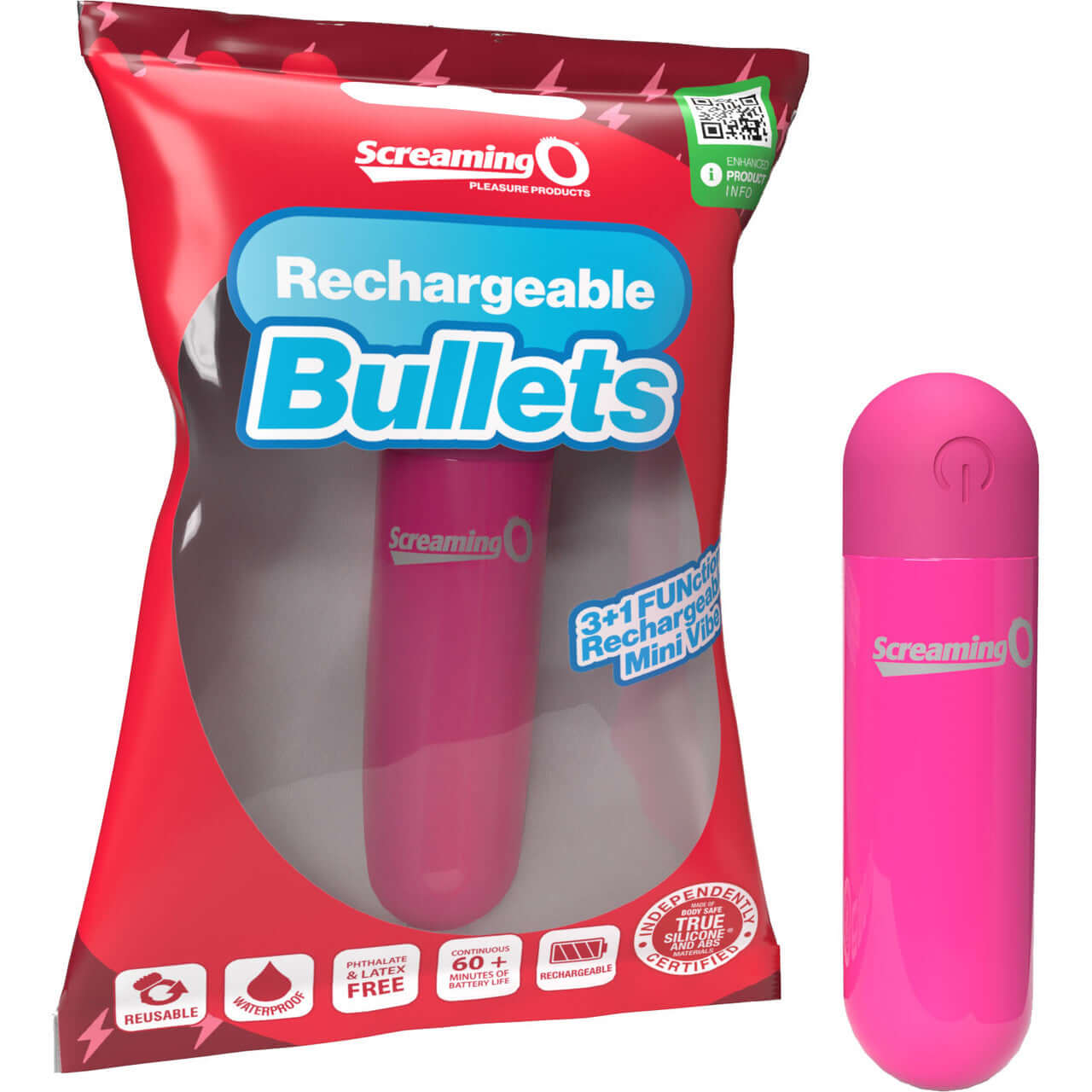 Screaming O Rechargeable Bullet Vibrator Pink packaging with product for powerful vibration pleasure.
