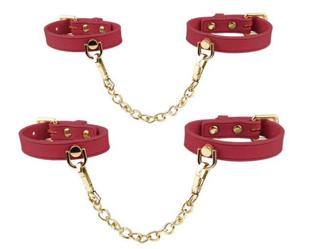 Temptasia Ardor Wrist and Ankle Restraints Red with chain and gold accents for versatile performance.