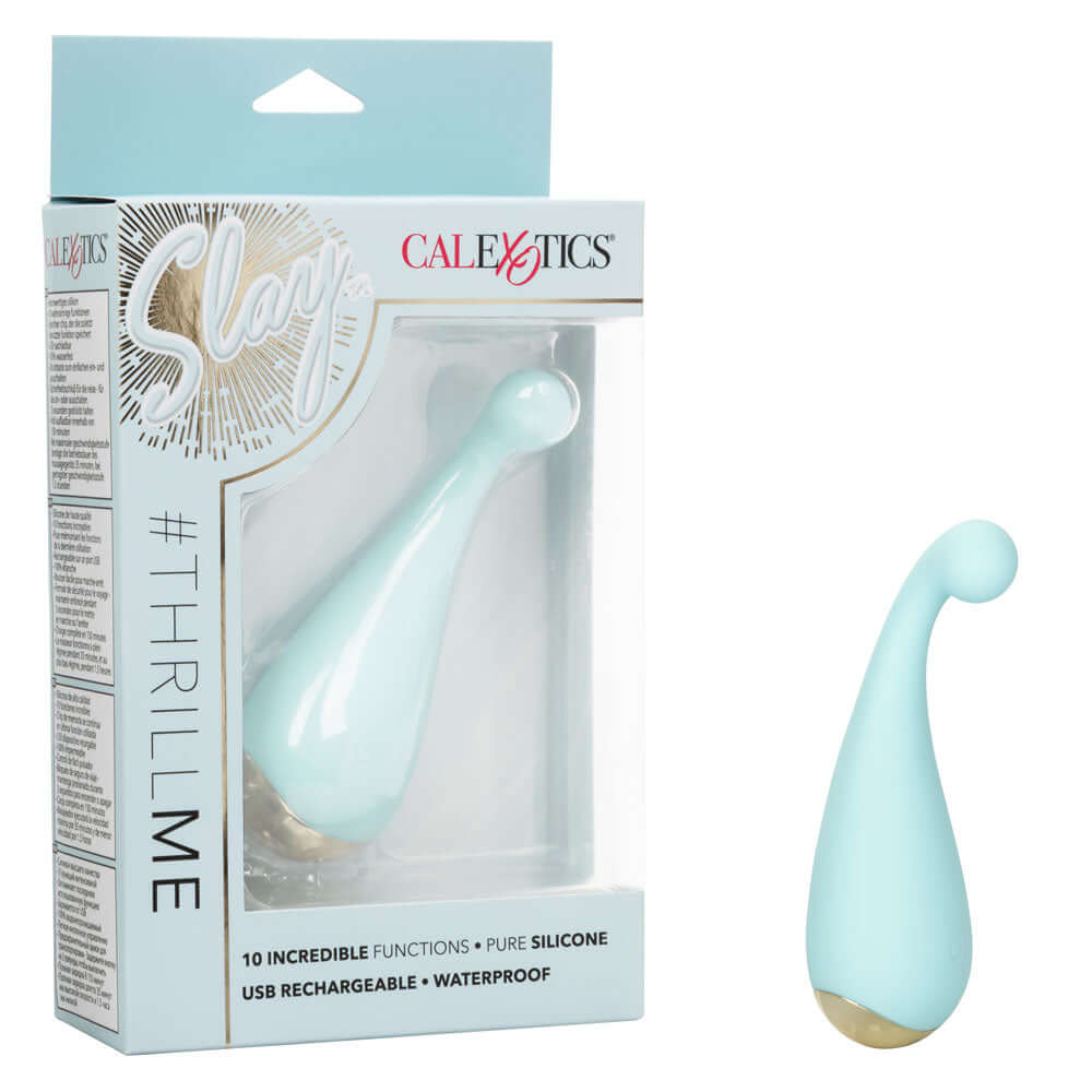 Slay Thrill Me Clitoral Massager packaging showcasing a sleek teal design and features for pleasurable stimulation.