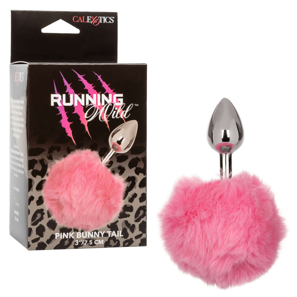 Running Wild Bunny Butt Plug Pink with fluffy tail and sleek metallic probe in packaging.