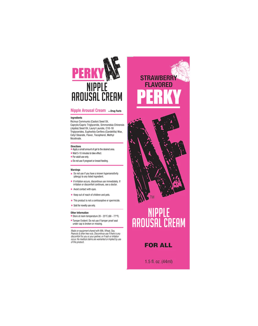 Perky Af Nipple Arousal Cream Strawberry 1.5 Oz packaging showcasing vibrant design and flavor details.