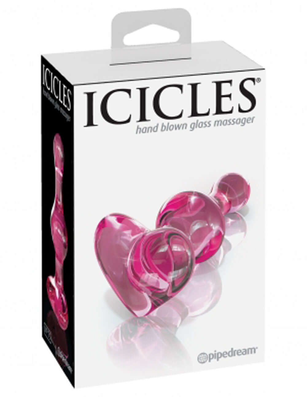 Icicles No 75 Glass Anal Plug Pink packaging with heart-shaped design and hand-blown glass detail.