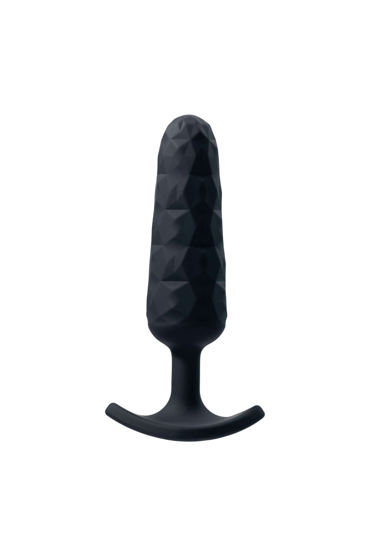 Textured black non-vibrating butt plug with tapered tip and long neck for secure fit, part of a three-piece exploration set.