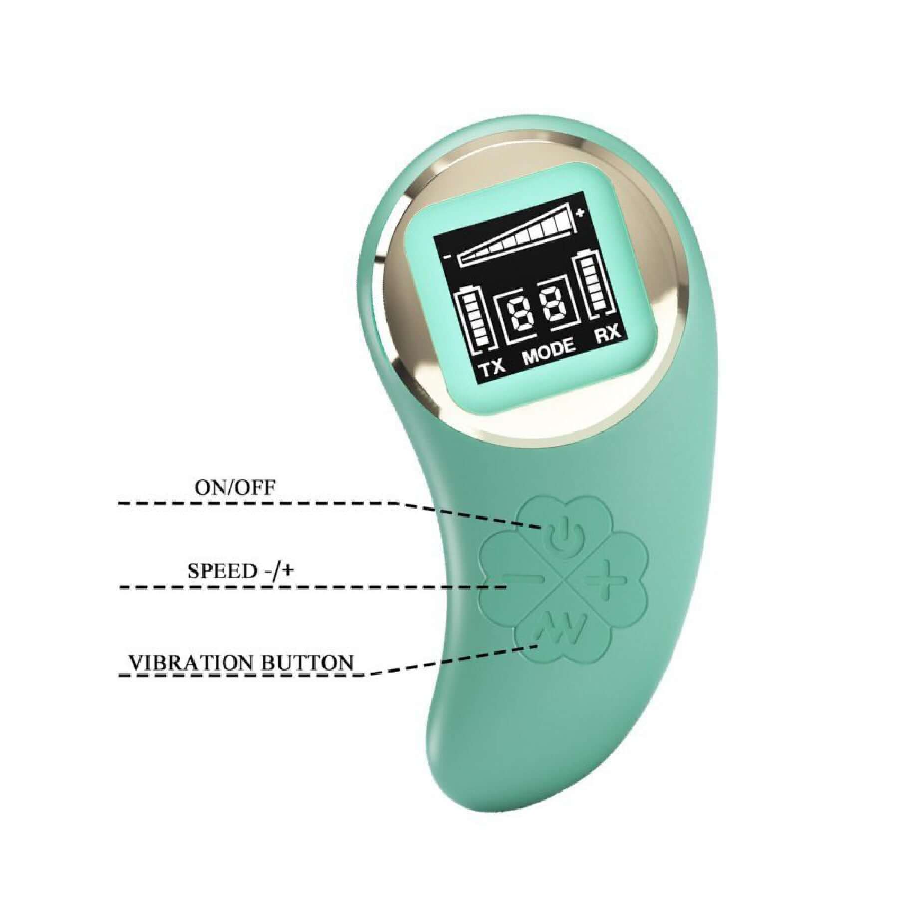 Mina Vibrating Remote Control Egg in Turquoise with touchscreen interface displaying settings and labeled buttons for easy use