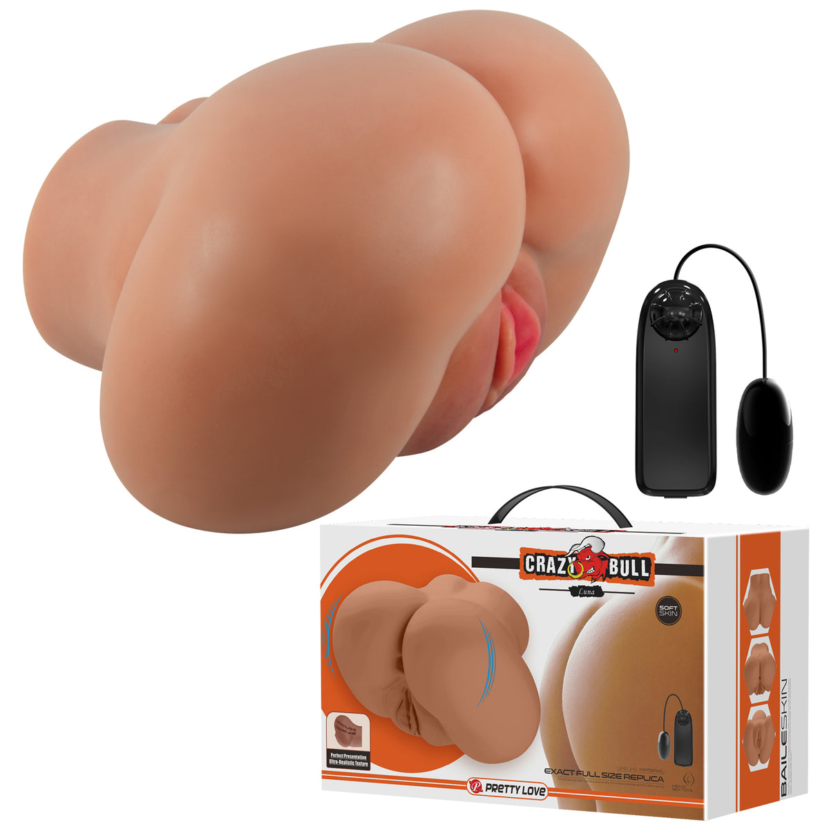 Luna Realistic Vagina and Ass Vibrator Tan showcased with its lifelike dual openings and remote control for enhanced pleasure.