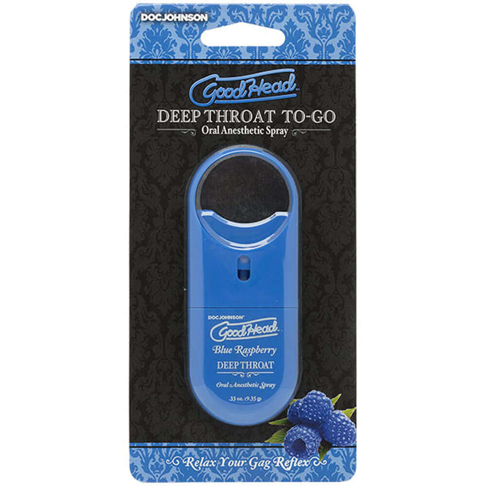 Goodhead Deep Throat Spray to Go Blue Raspberry 0.33 Oz packaging illustration on a decorative background.