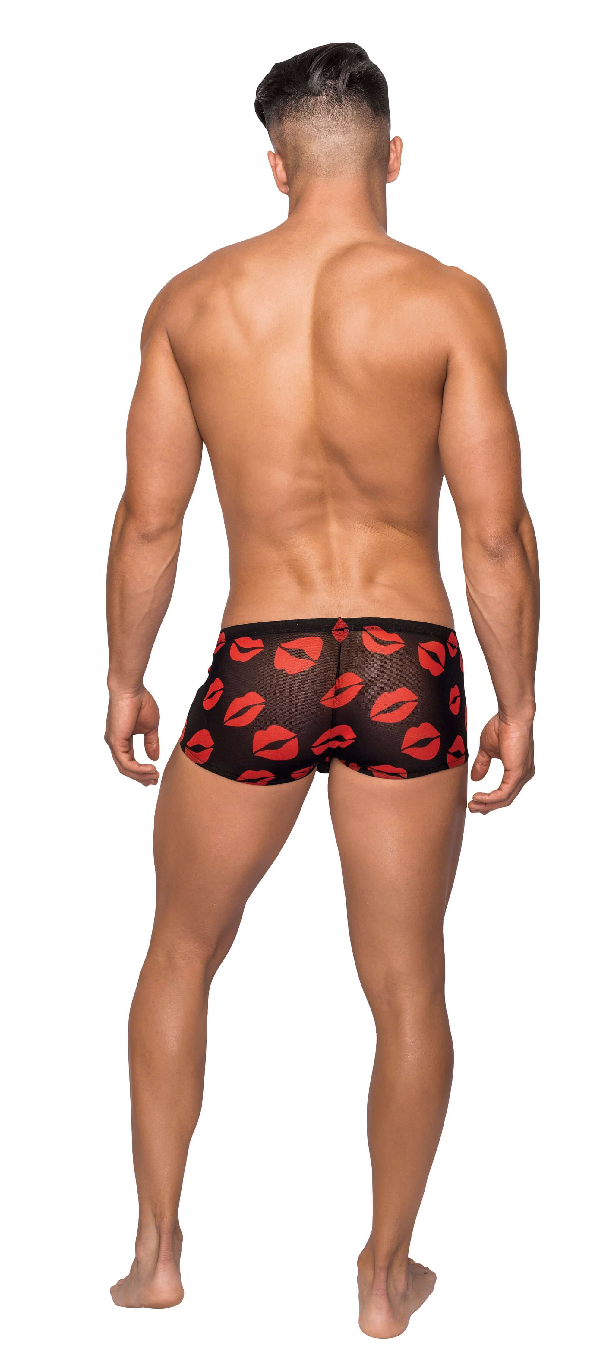 Male Power Kiss Me Mini Short Large Sheer Lips Black seen from back, showcasing the allover kiss-print design in red on black.