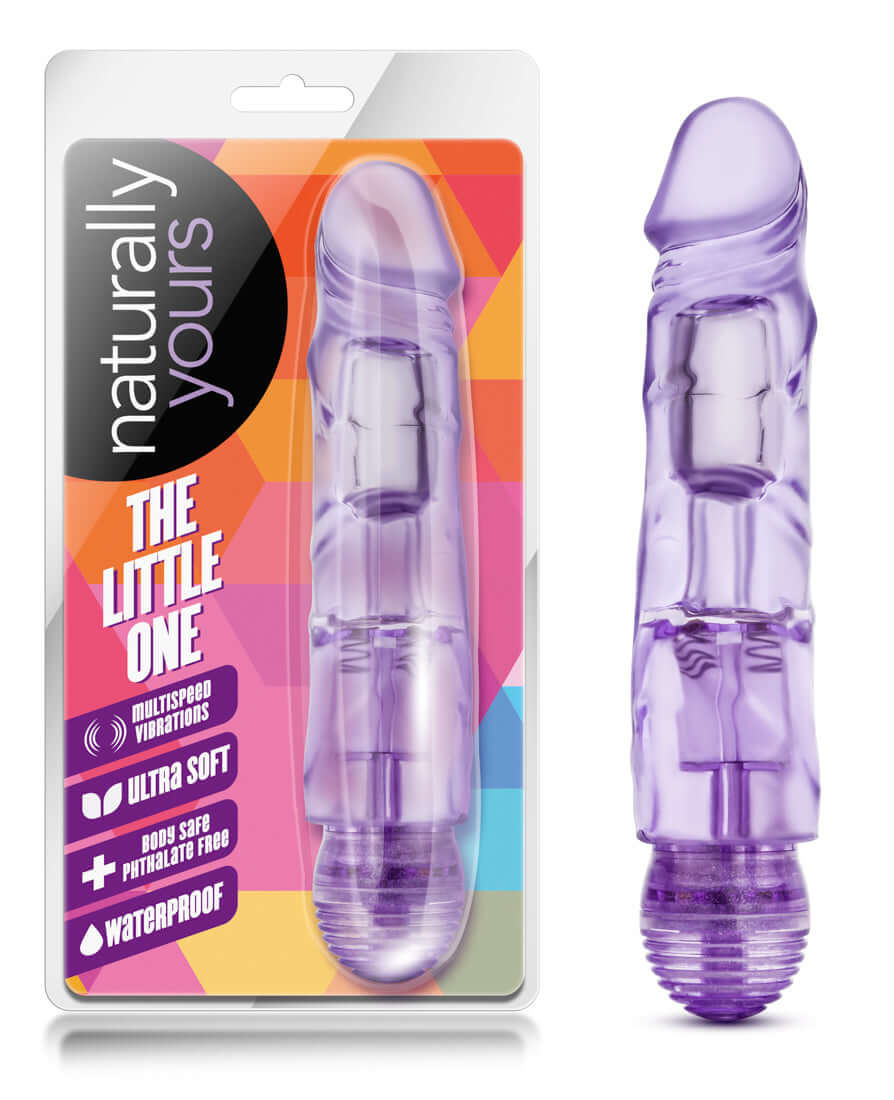 Naturally Yours the Little One Vibrator Purple in packaging, featuring a slim, waterproof design for pleasurable stimulation.