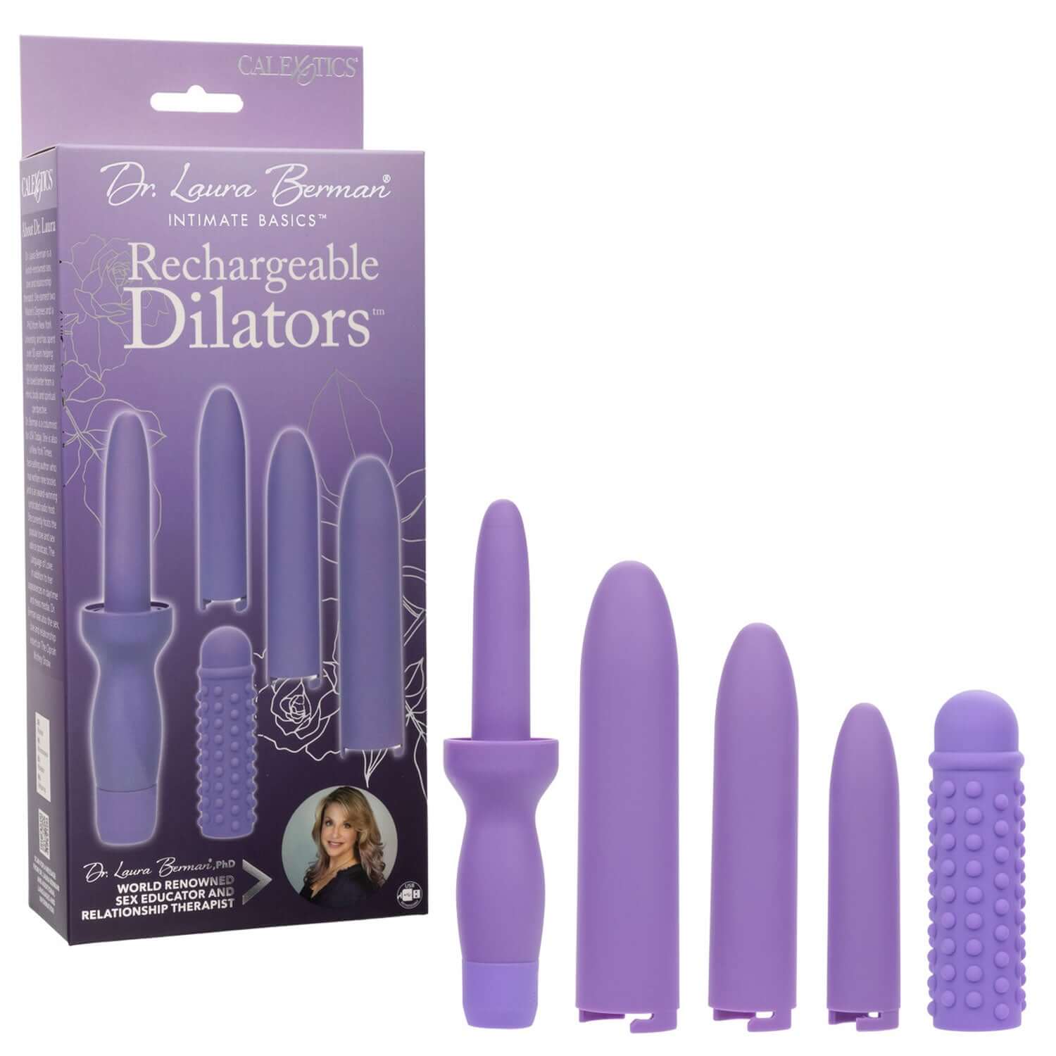 Dr Laura Berman Rechargeable Dilators Set of 4 with rechargeable vibrating dilator and interlocking attachments.