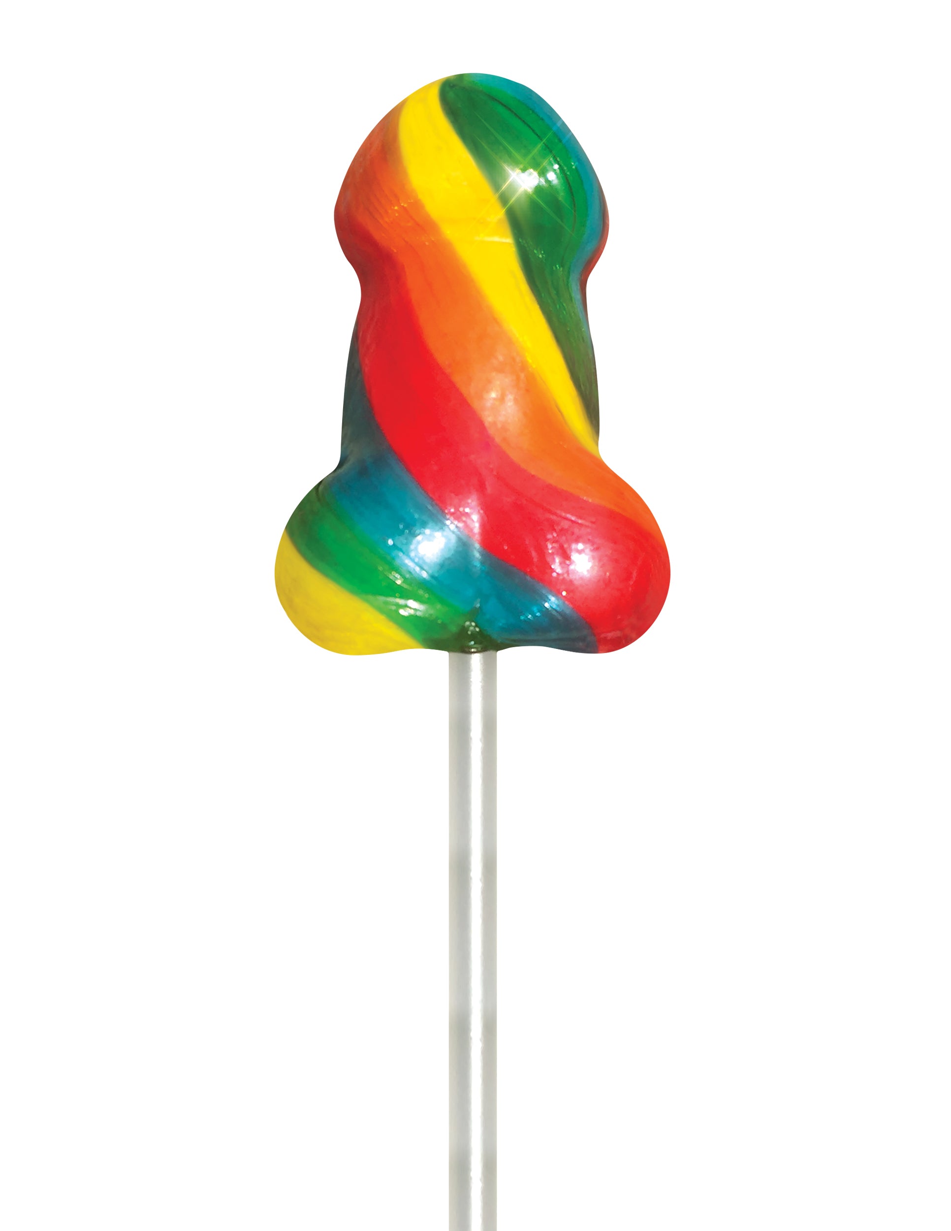 Rainbow Pecker Pops 72 Pc Display - colorful novelty lollipop with a rainbow swirl design and fruity flavor.