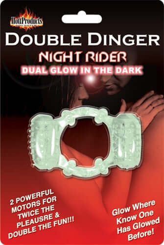 Double Dinger Night Rider Glow in the Dark Ring packaging showing dual motors and glow feature for enhanced pleasure.