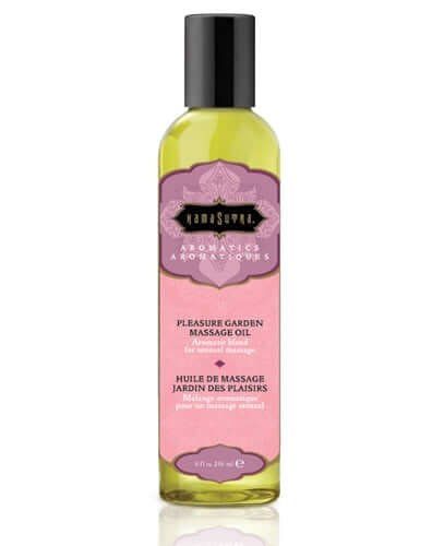 Kama Sutra Pleasure Garden Aromatic Massage Oil in an 8 Fl Oz bottle for sensuous full-body massages and relaxation.