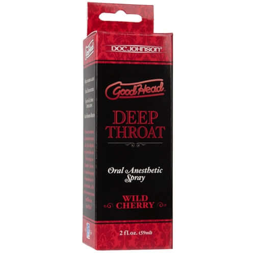 Good Head Throat Spray Wild Cherry packaging, 2 fl oz, oral anesthetic spray by Doc Johnson.