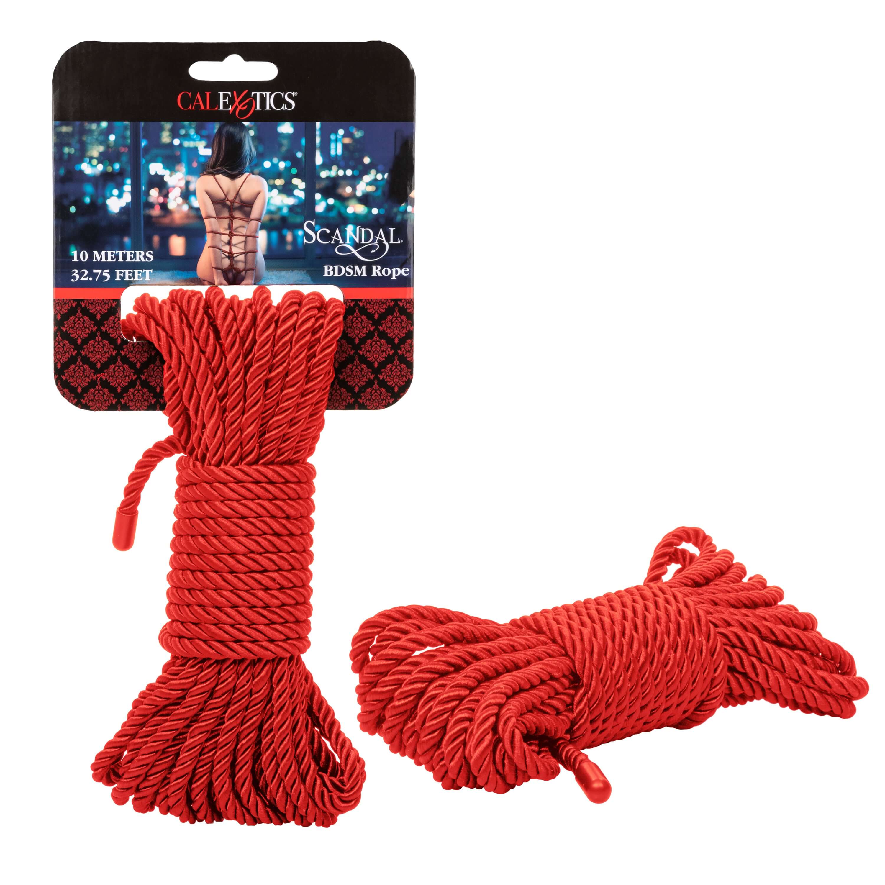 Scandal BDSM Rope 32.75 ft 10 m Red shown in packaging and loose, ideal for restraint play and decorative binding.