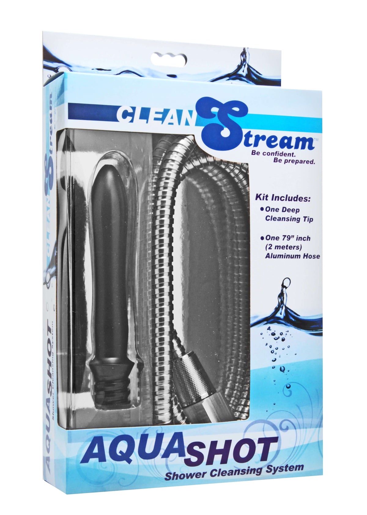 Clean Stream Aqua Shot Shower Enema Cleansing System kit packaging with cleansing tip and aluminum hose.