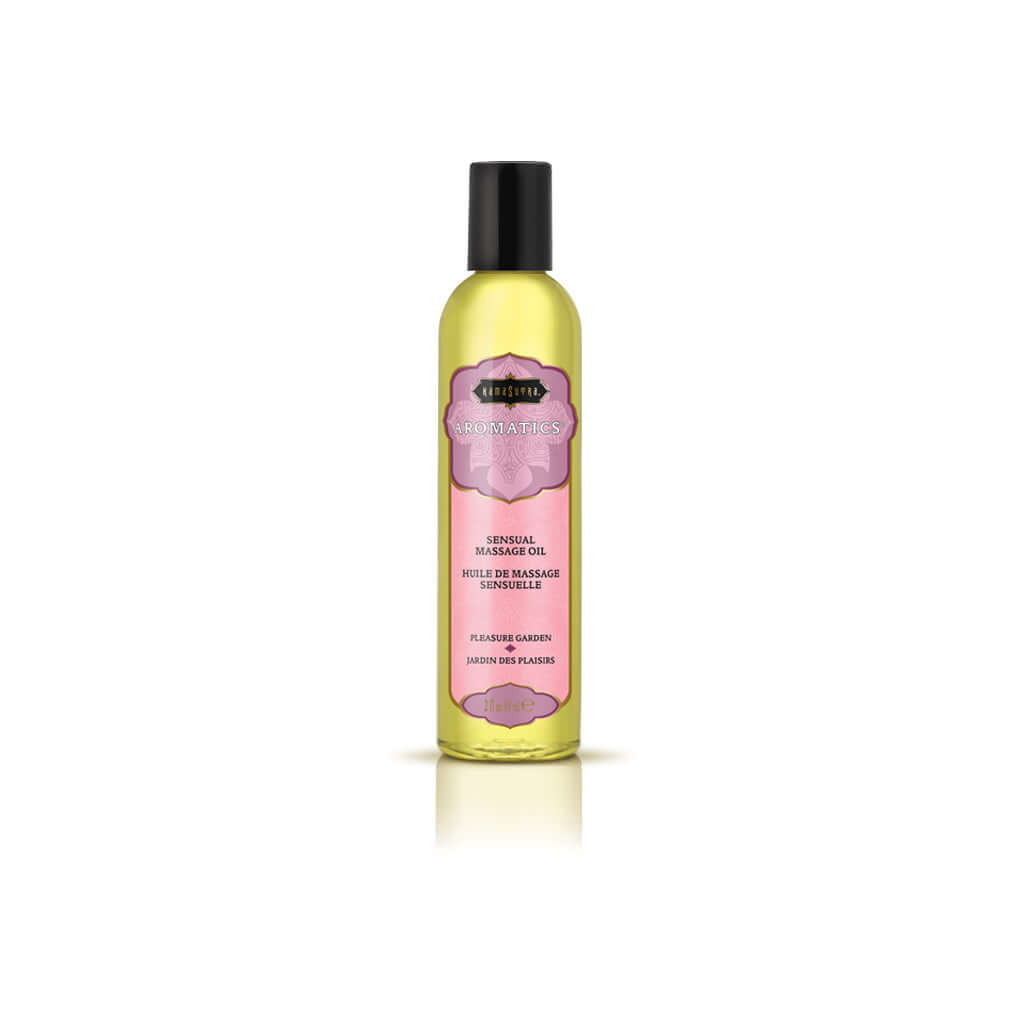 Kama Sutra Aromatics Massage Oil Pleasure Garden 2 Oz in a sleek bottle designed for relaxation and intimate moments.